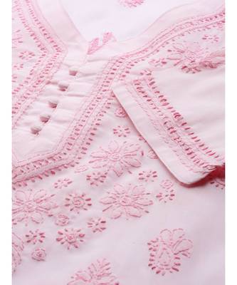 Ada Hand Embroidered Baby Pink Cotton Lucknowi Chikan Women Kurti - A100365 2