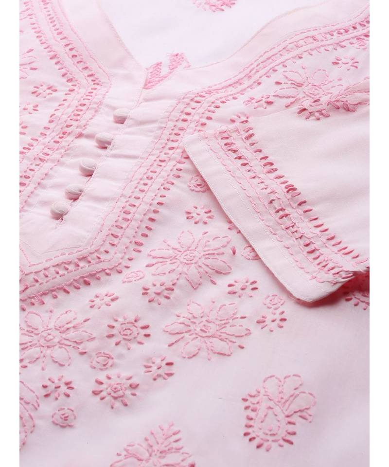 Ada Hand Embroidered Baby Pink Cotton Lucknowi Chikan Women Kurti - A100365