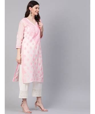 Ada Hand Embroidered Baby Pink Cotton Lucknowi Chikan Women Kurti - A100365 3