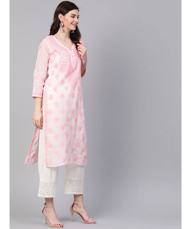 Ada Hand Embroidered Baby Pink Cotton Lucknowi Chikan Women Kurti - A100365