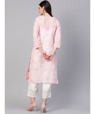 Ada Hand Embroidered Baby Pink Cotton Lucknowi Chikan Women Kurti - A100365 4