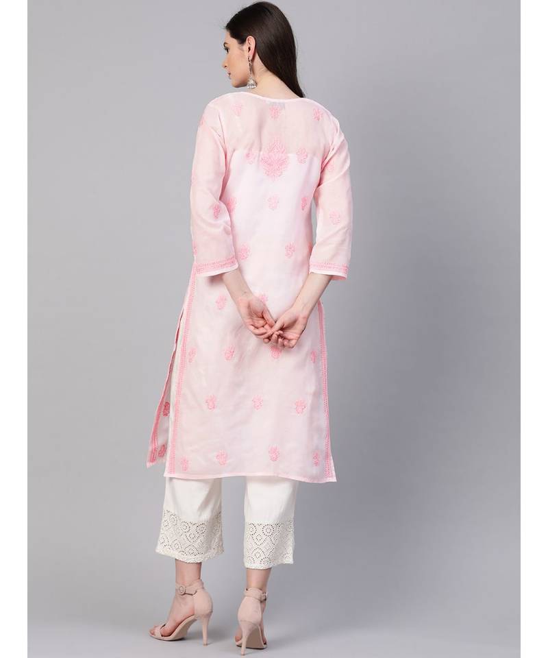 Ada Hand Embroidered Baby Pink Cotton Lucknowi Chikan Women Kurti - A100365