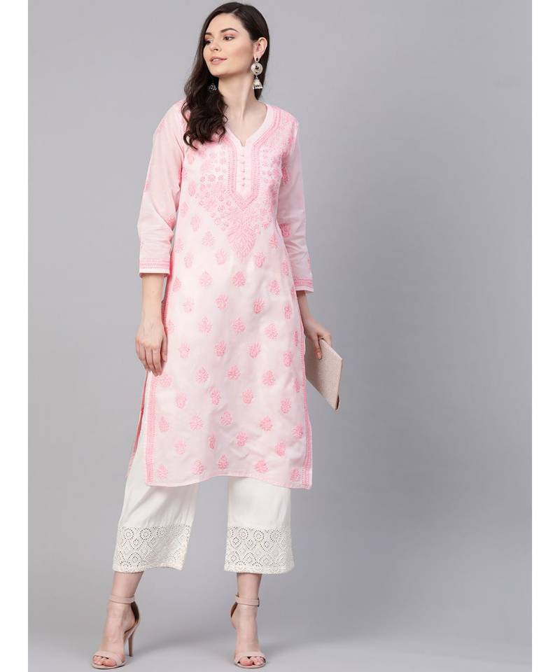 Ada Hand Embroidered Baby Pink Cotton Lucknowi Chikan Women Kurti - A100365