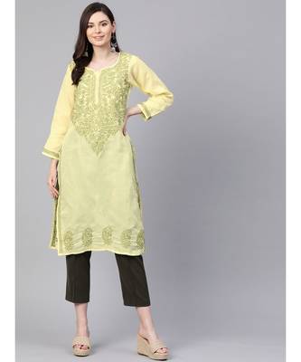 Ada Hand Embroidered Lemon Cotton Lucknowi Chikan Women Kurta - A100370 1