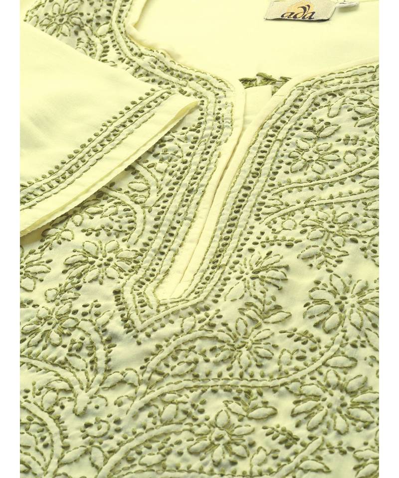 Ada Hand Embroidered Lemon Cotton Lucknowi Chikan Women Kurta - A100370