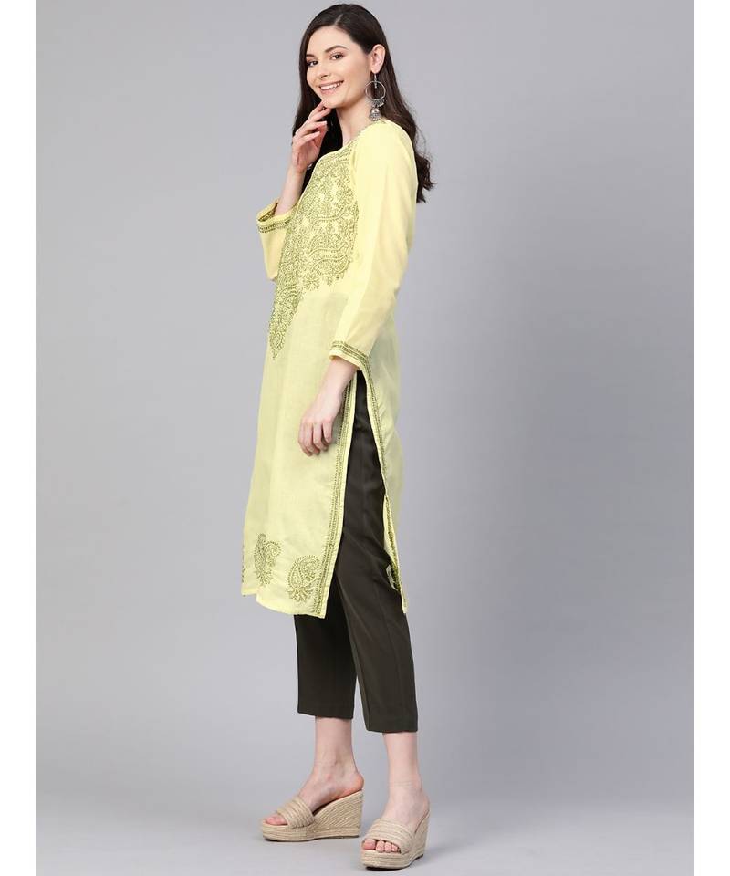 Ada Hand Embroidered Lemon Cotton Lucknowi Chikan Women Kurta - A100370
