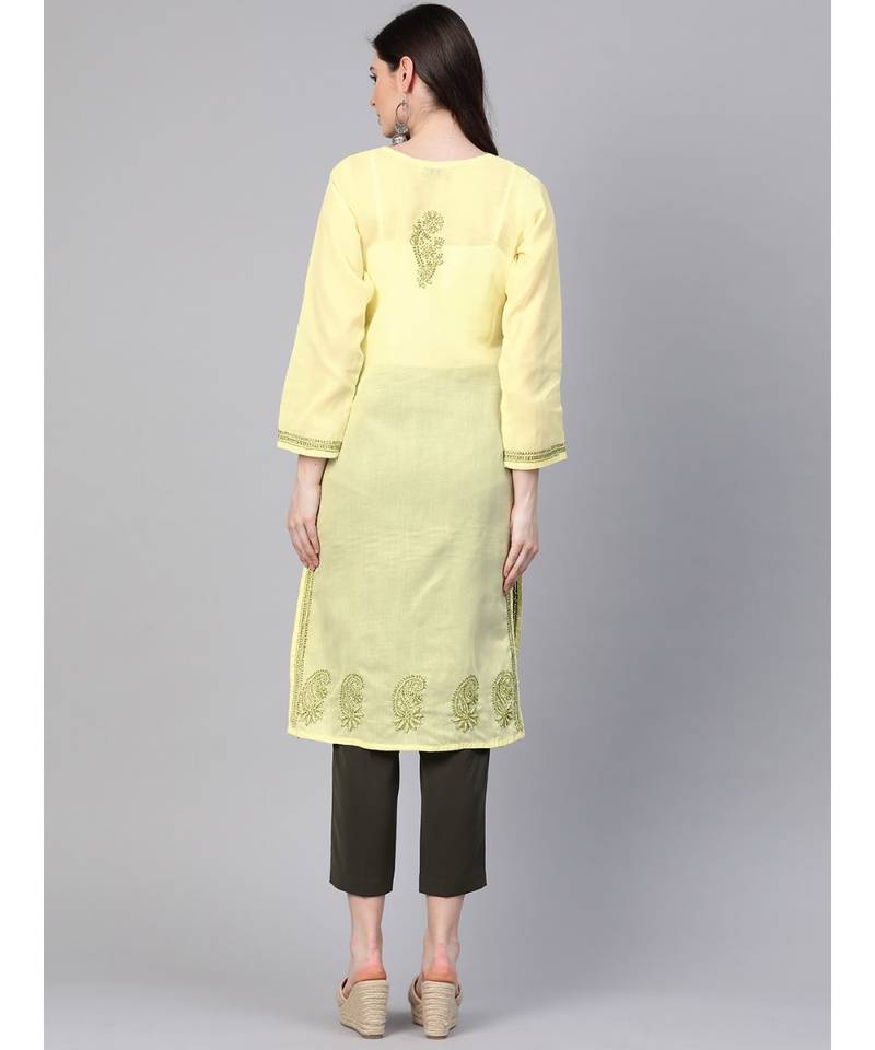 Ada Hand Embroidered Lemon Cotton Lucknowi Chikan Women Kurta - A100370
