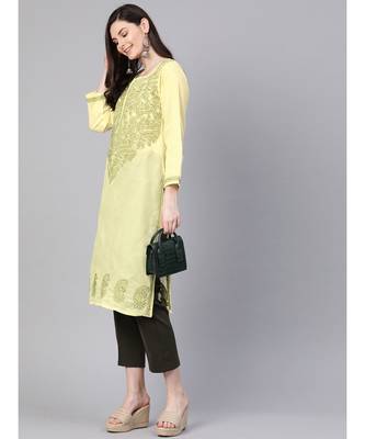Ada Hand Embroidered Lemon Cotton Lucknowi Chikan Women Kurta - A100370 5