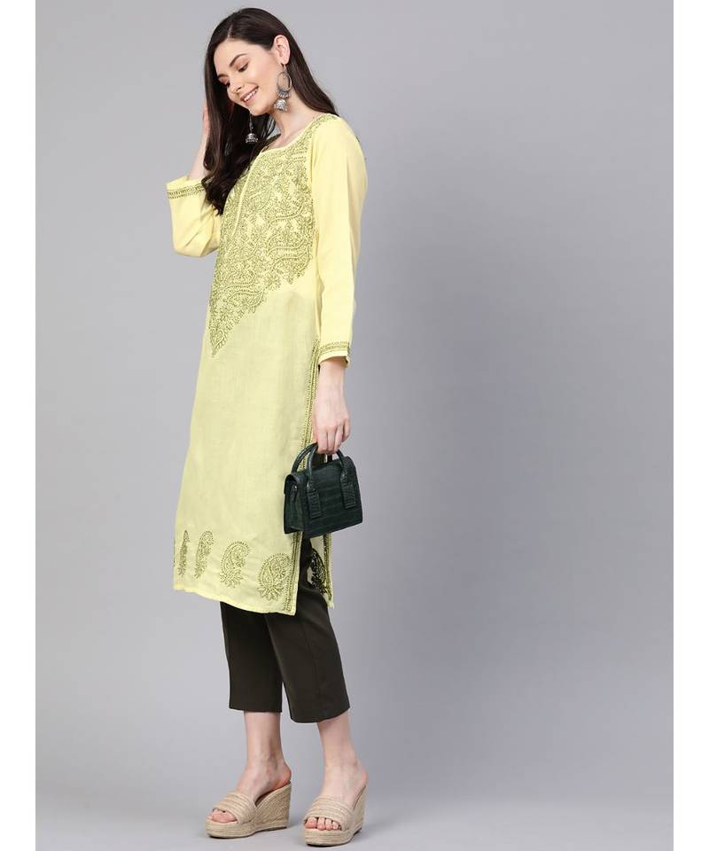 Ada Hand Embroidered Lemon Cotton Lucknowi Chikan Women Kurta - A100370