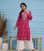 Hand Embroidered Magenta Pure Cambric Cotton Lucknow Chikankari Women Kurta