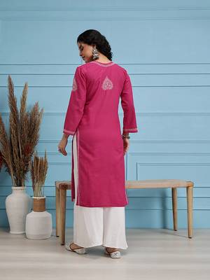 Hand Embroidered Magenta Pure Cambric Cotton Lucknow Chikankari Women Kurta 2
