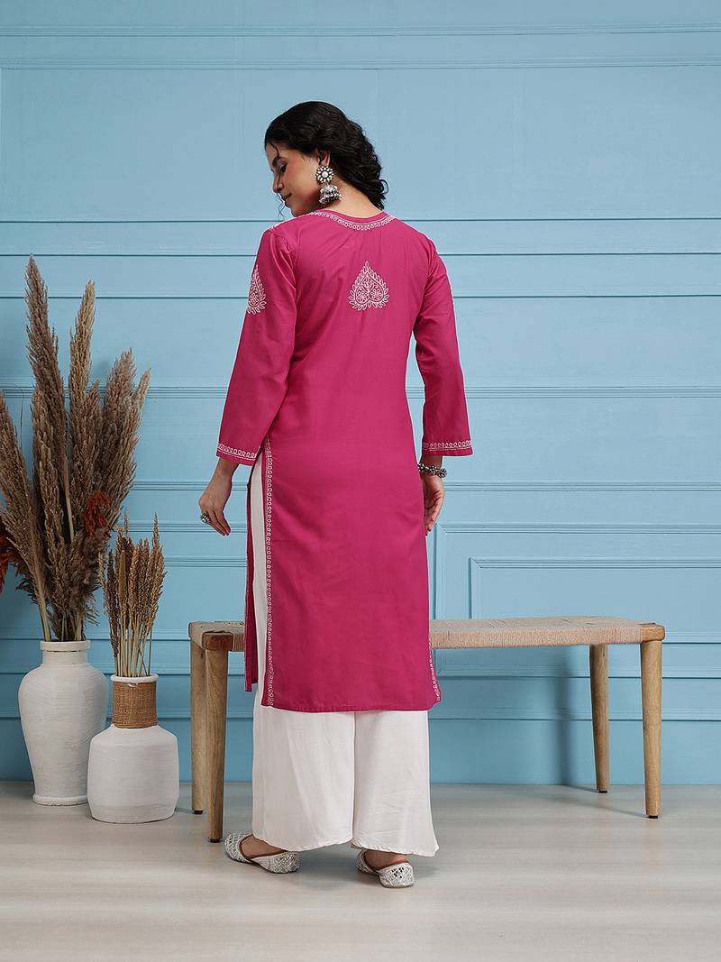 Hand Embroidered Magenta Pure Cambric Cotton Lucknow Chikankari Women Kurta