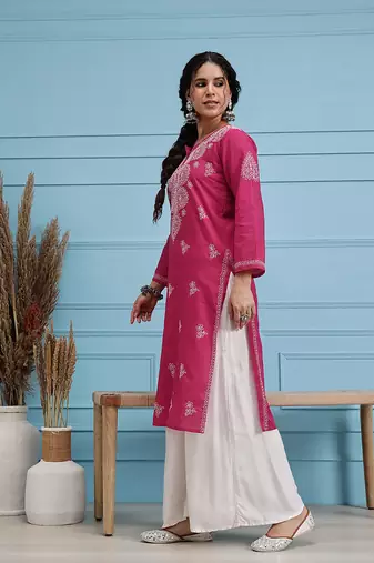 Hand Embroidered Magenta Pure Cambric Cotton Lucknow Chikankari Women Kurta