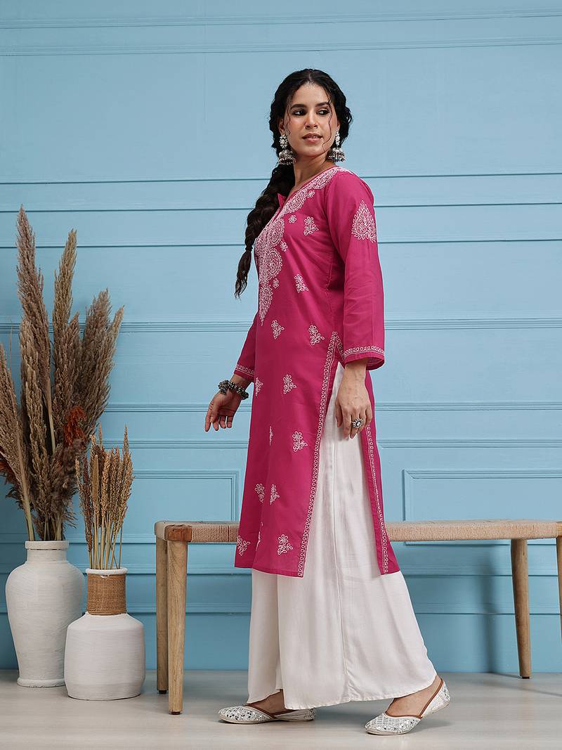 Hand Embroidered Magenta Pure Cambric Cotton Lucknow Chikankari Women Kurta