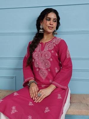 Hand Embroidered Magenta Pure Cambric Cotton Lucknow Chikankari Women Kurta 4