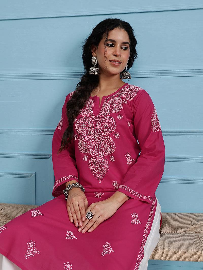 Hand Embroidered Magenta Pure Cambric Cotton Lucknow Chikankari Women Kurta