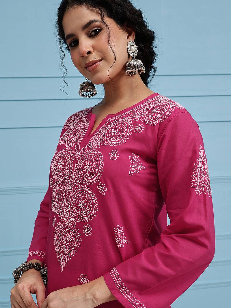 Hand Embroidered Magenta Pure Cambric Cotton Lucknow Chikankari Women Kurta
