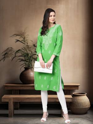 Ada Hand Embroidered Green Pure Cambric Cotton Lucknow Chikankari Women Kurti - A100350 1
