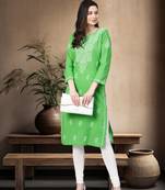 Ada Hand Embroidered Green Pure Cambric Cotton Lucknow Chikankari Women Kurti - A100350