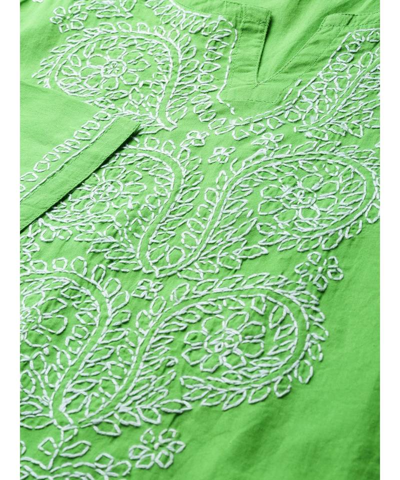 Ada Hand Embroidered Green Pure Cambric Cotton Lucknow Chikankari Women Kurti - A100350