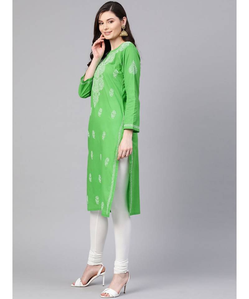 Ada Hand Embroidered Green Pure Cambric Cotton Lucknow Chikankari Women Kurti - A100350