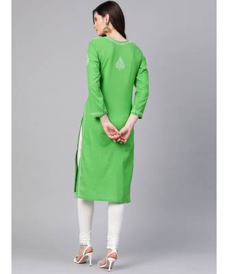 Ada Hand Embroidered Green Pure Cambric Cotton Lucknow Chikankari Women Kurti - A100350 4