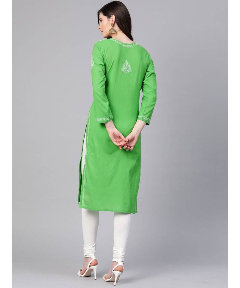 Ada Hand Embroidered Green Pure Cambric Cotton Lucknow Chikankari Women Kurti - A100350