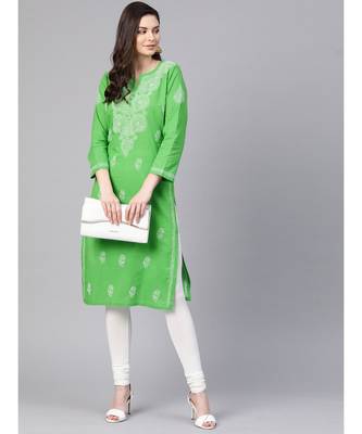 Ada Hand Embroidered Green Pure Cambric Cotton Lucknow Chikankari Women Kurti - A100350 5