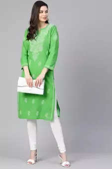 Ada Hand Embroidered Green Pure Cambric Cotton Lucknow Chikankari Women Kurti - A100350
