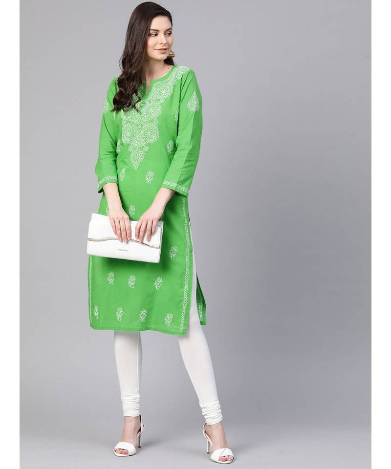Ada Hand Embroidered Green Pure Cambric Cotton Lucknow Chikankari Women Kurti - A100350