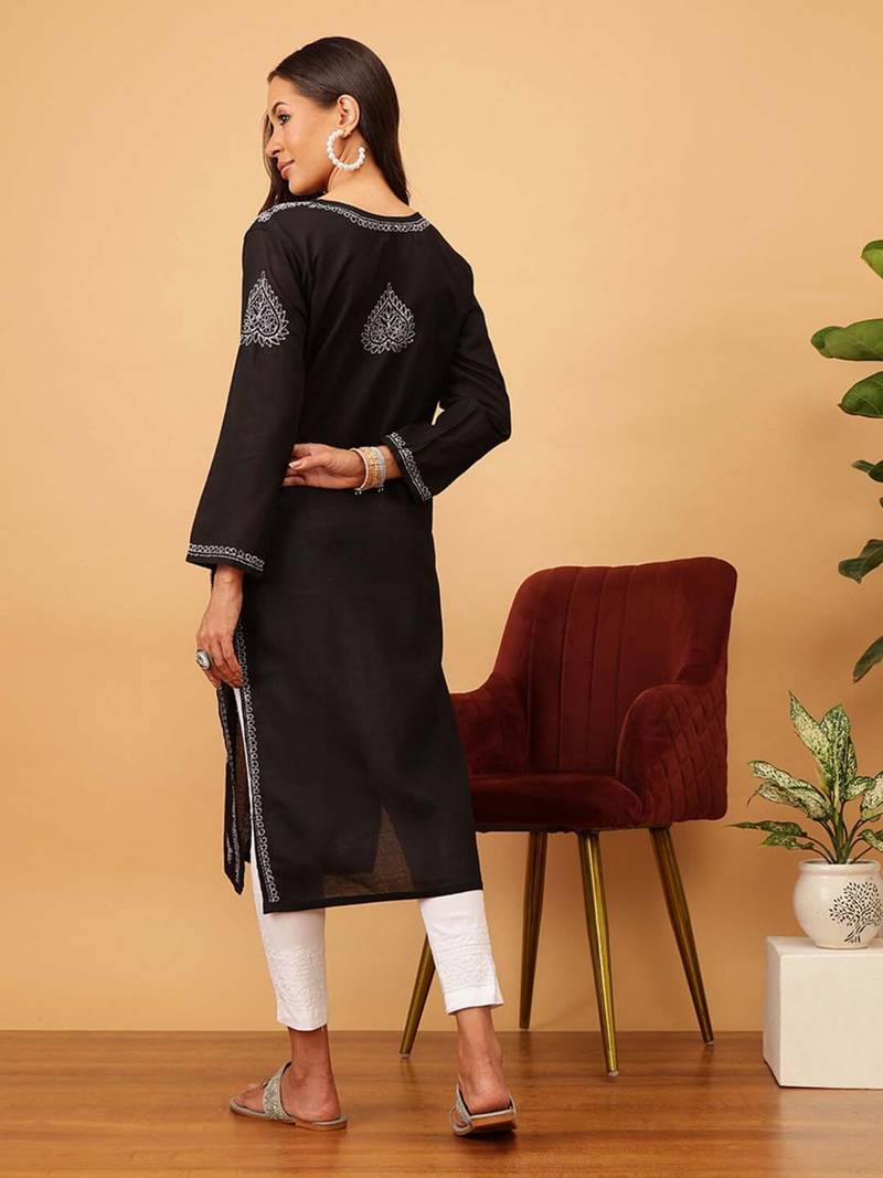 Hand Embroidered Black Pure Cambric Cotton Lucknow Chikankari Women Kurti