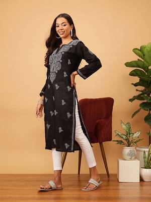 Hand Embroidered Black Pure Cambric Cotton Lucknow Chikankari Women Kurti 3