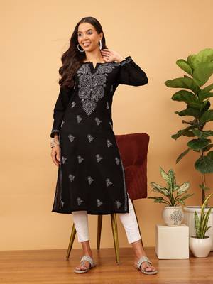 Hand Embroidered Black Pure Cambric Cotton Lucknow Chikankari Women Kurti 4