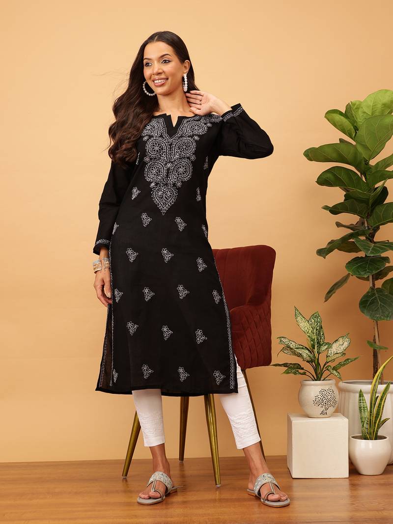 Hand Embroidered Black Pure Cambric Cotton Lucknow Chikankari Women Kurti