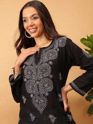Hand Embroidered Black Pure Cambric Cotton Lucknow Chikankari Women Kurti 5
