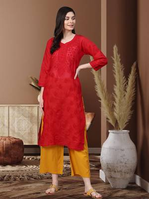 Ada Hand Embroidered Red Cotton Lucknow Chikan Women Kurti - A100362 1