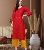Ada Hand Embroidered Red Cotton Lucknow Chikan Women Kurti - A100362