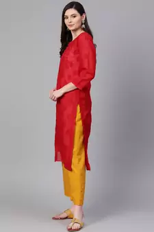 Ada Hand Embroidered Red Cotton Lucknow Chikan Women Kurti - A100362