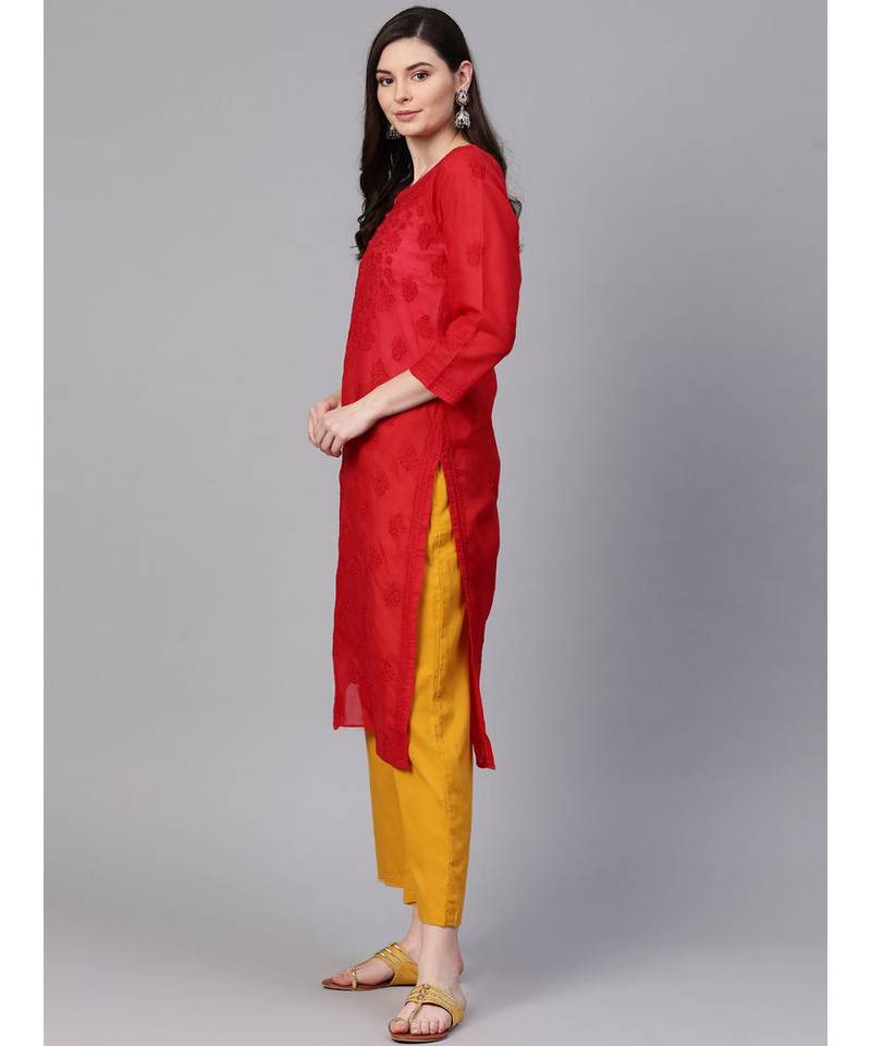 Ada Hand Embroidered Red Cotton Lucknow Chikan Women Kurti - A100362