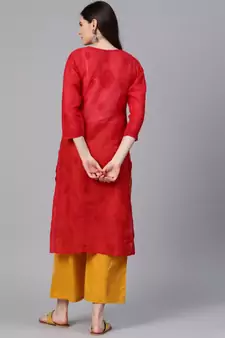 Ada Hand Embroidered Red Cotton Lucknow Chikan Women Kurti - A100362