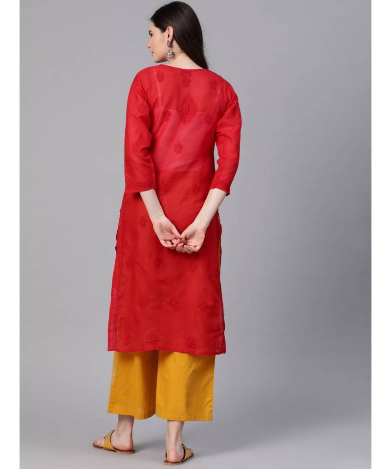 Ada Hand Embroidered Red Cotton Lucknow Chikan Women Kurti - A100362