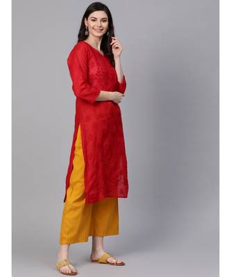 Ada Hand Embroidered Red Cotton Lucknow Chikan Women Kurti - A100362 4