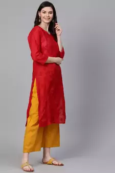 Ada Hand Embroidered Red Cotton Lucknow Chikan Women Kurti - A100362