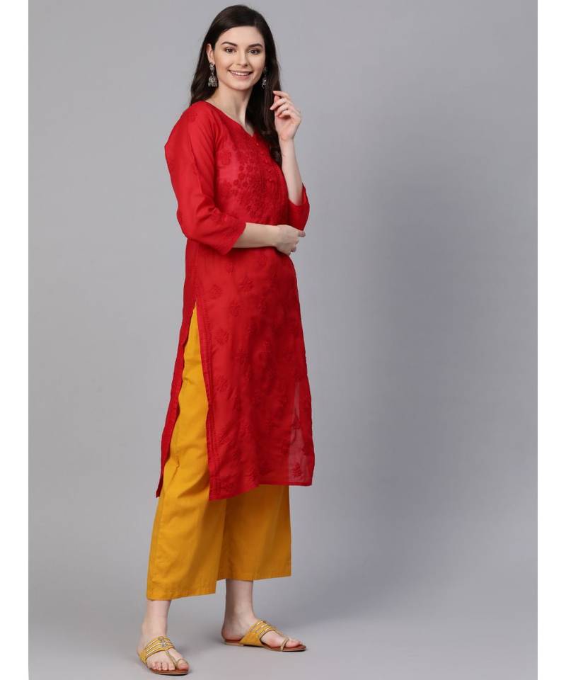 Ada Hand Embroidered Red Cotton Lucknow Chikan Women Kurti - A100362