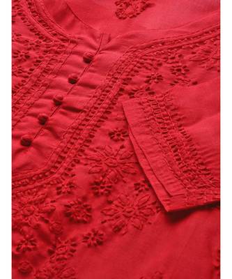 Ada Hand Embroidered Red Cotton Lucknow Chikan Women Kurti - A100362 5
