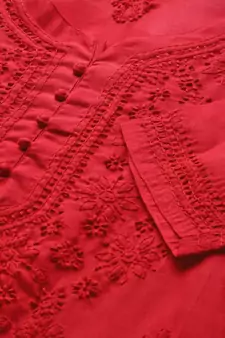 Ada Hand Embroidered Red Cotton Lucknow Chikan Women Kurti - A100362