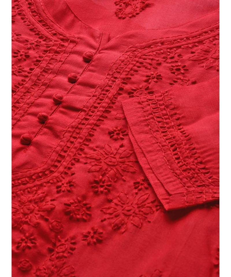 Ada Hand Embroidered Red Cotton Lucknow Chikan Women Kurti - A100362