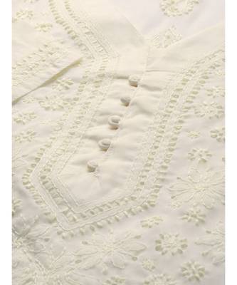 Hand Embroidered Cream Cotton Lucknowi Chikan Women Kurta 2