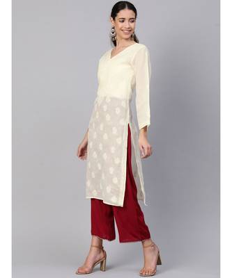 Hand Embroidered Cream Cotton Lucknowi Chikan Women Kurta 3