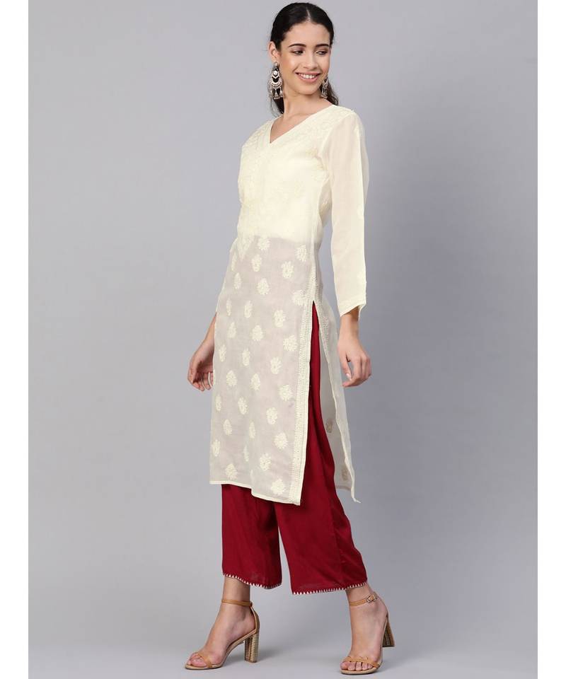 Hand Embroidered Cream Cotton Lucknowi Chikan Women Kurta